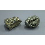 Two fools gold specimens (pyrite). The largest 6 cm long.