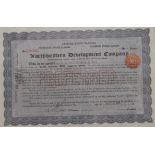 A Northwestern Development Company share certificate, framed and glazed. 36.5 x 30.5 cm overall.