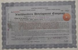 A Northwestern Development Company share certificate, framed and glazed. 36.5 x 30.5 cm overall.