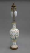 A faience vase converted to a lamp. 59 cm high overall.