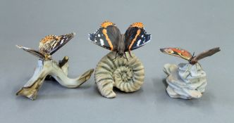 Three Goebel porcelain butterflies. The largest 9 cm high.