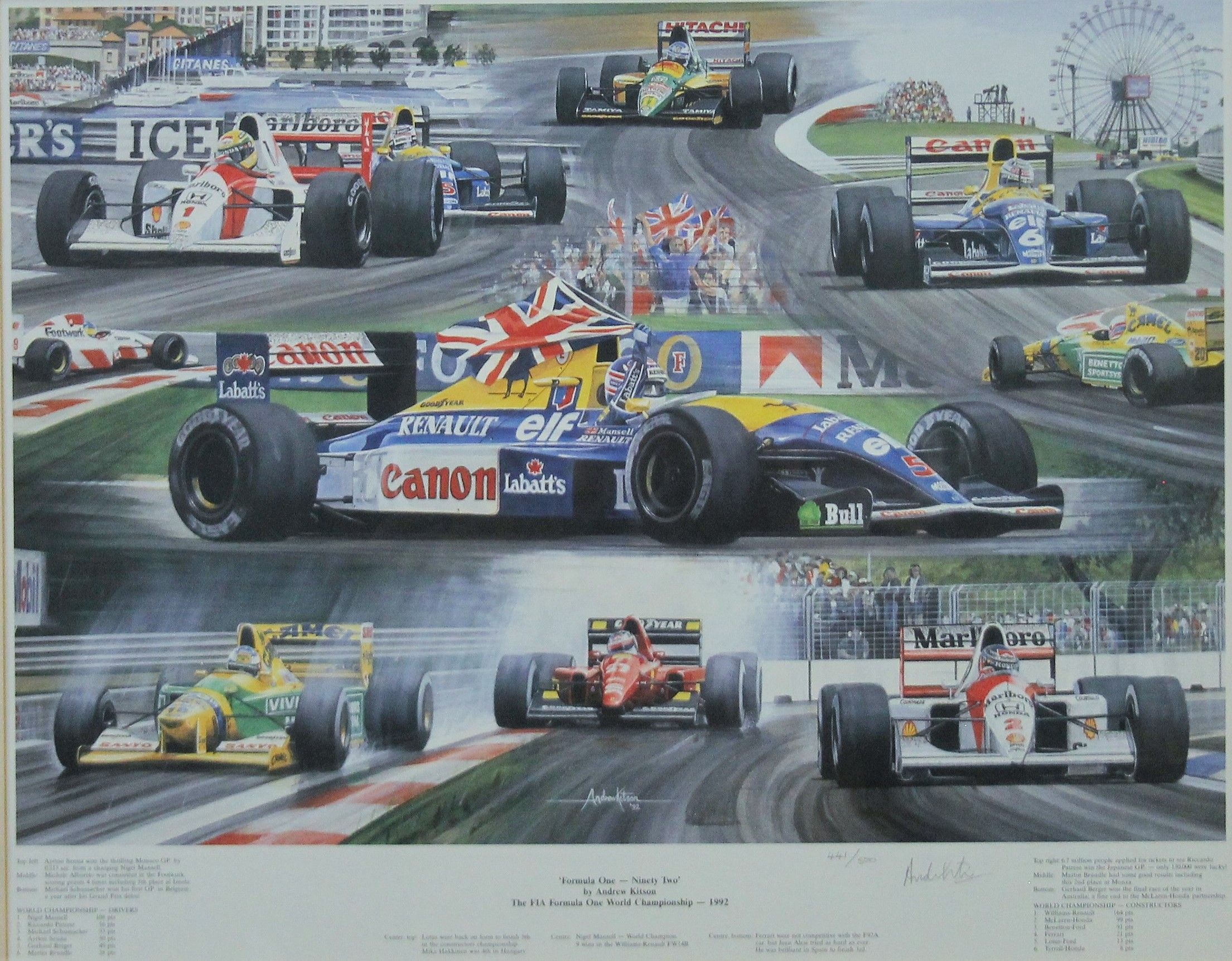 An Ayrton Senna print and a F1 print, each framed and glazed. The latter 71 x 59.5 cm overall.