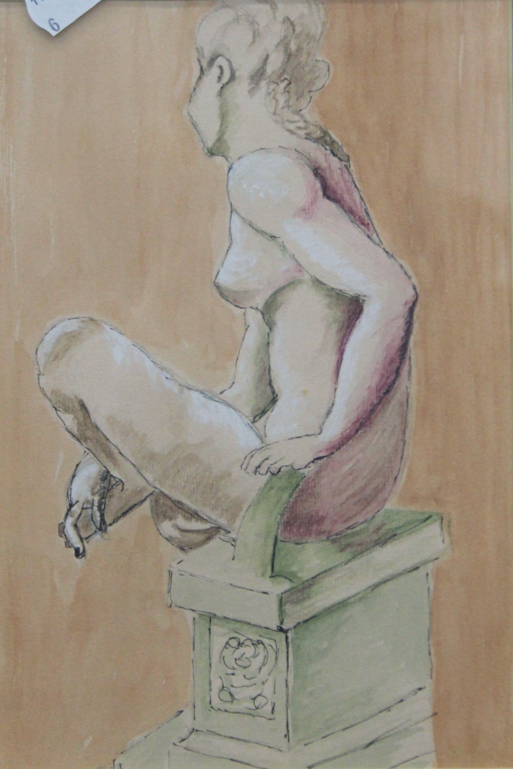 A Seated Nude, pen and ink, framed and glazed. 16 x 24 cm.