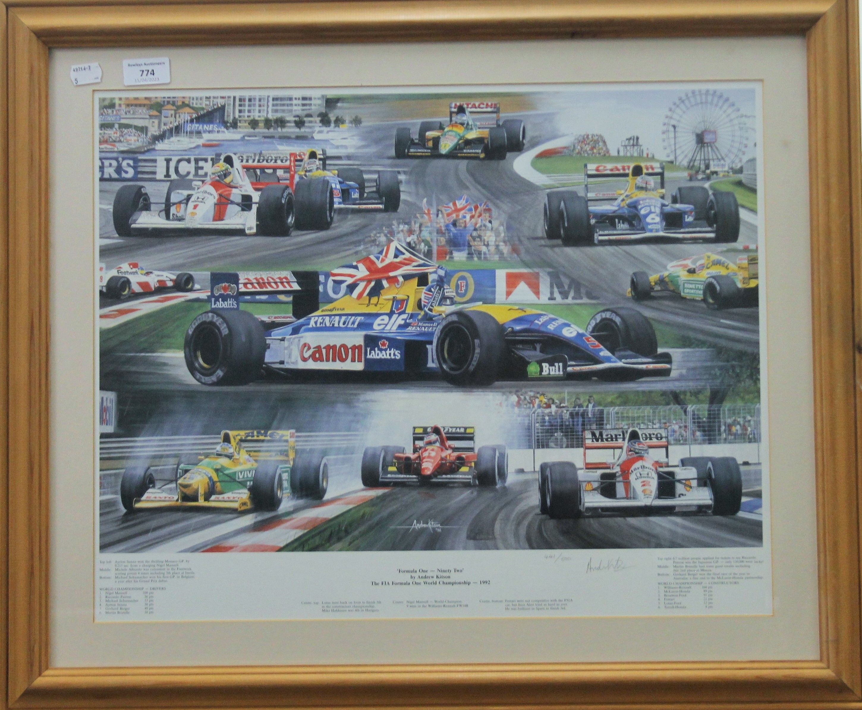 An Ayrton Senna print and a F1 print, each framed and glazed. The latter 71 x 59.5 cm overall. - Image 2 of 4