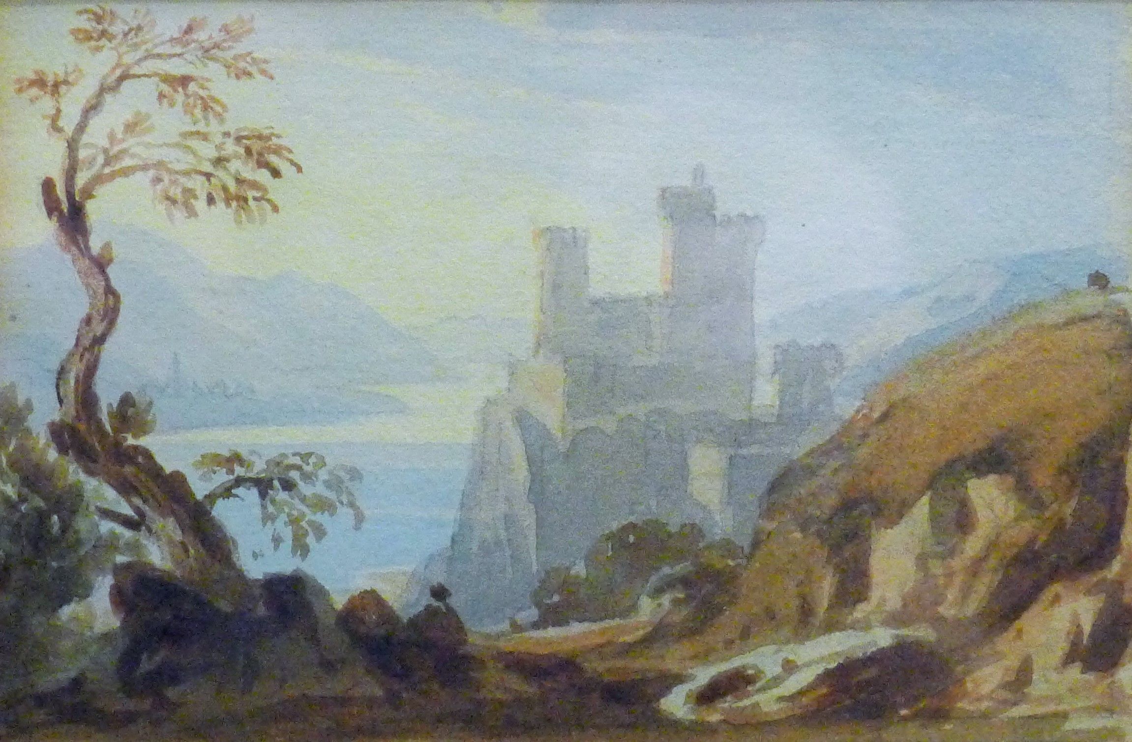 19TH CENTURY SCHOOL, Ruins by a Lake, watercolour, framed and glazed. 12 x 8 cm.