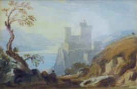 19TH CENTURY SCHOOL, Ruins by a Lake, watercolour, framed and glazed. 12 x 8 cm.