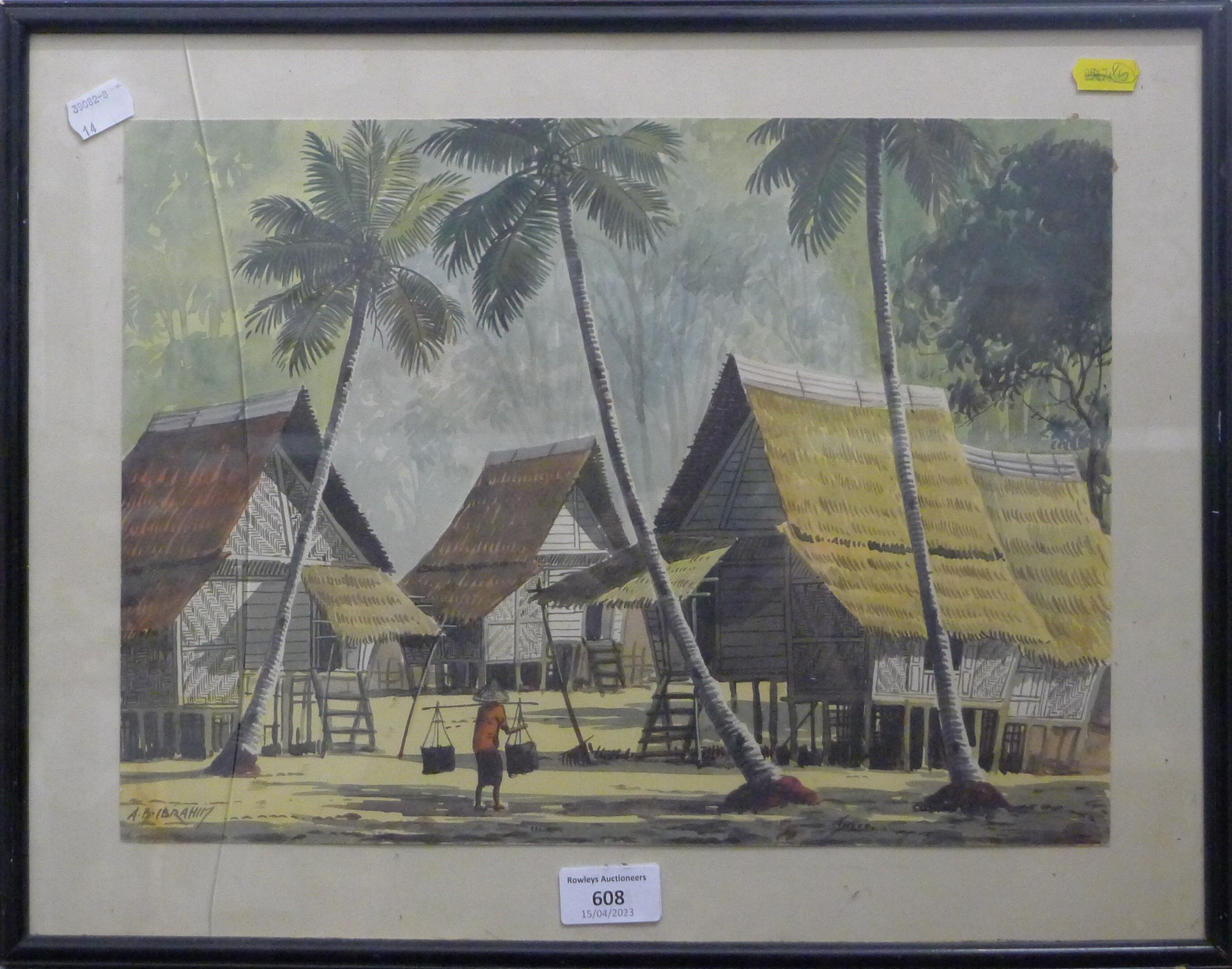 A B IBRAHIM, Straw Huts with Figure, watercolour, framed and glazed (glass broken). 37.5 x 27.5 cm. - Image 2 of 3