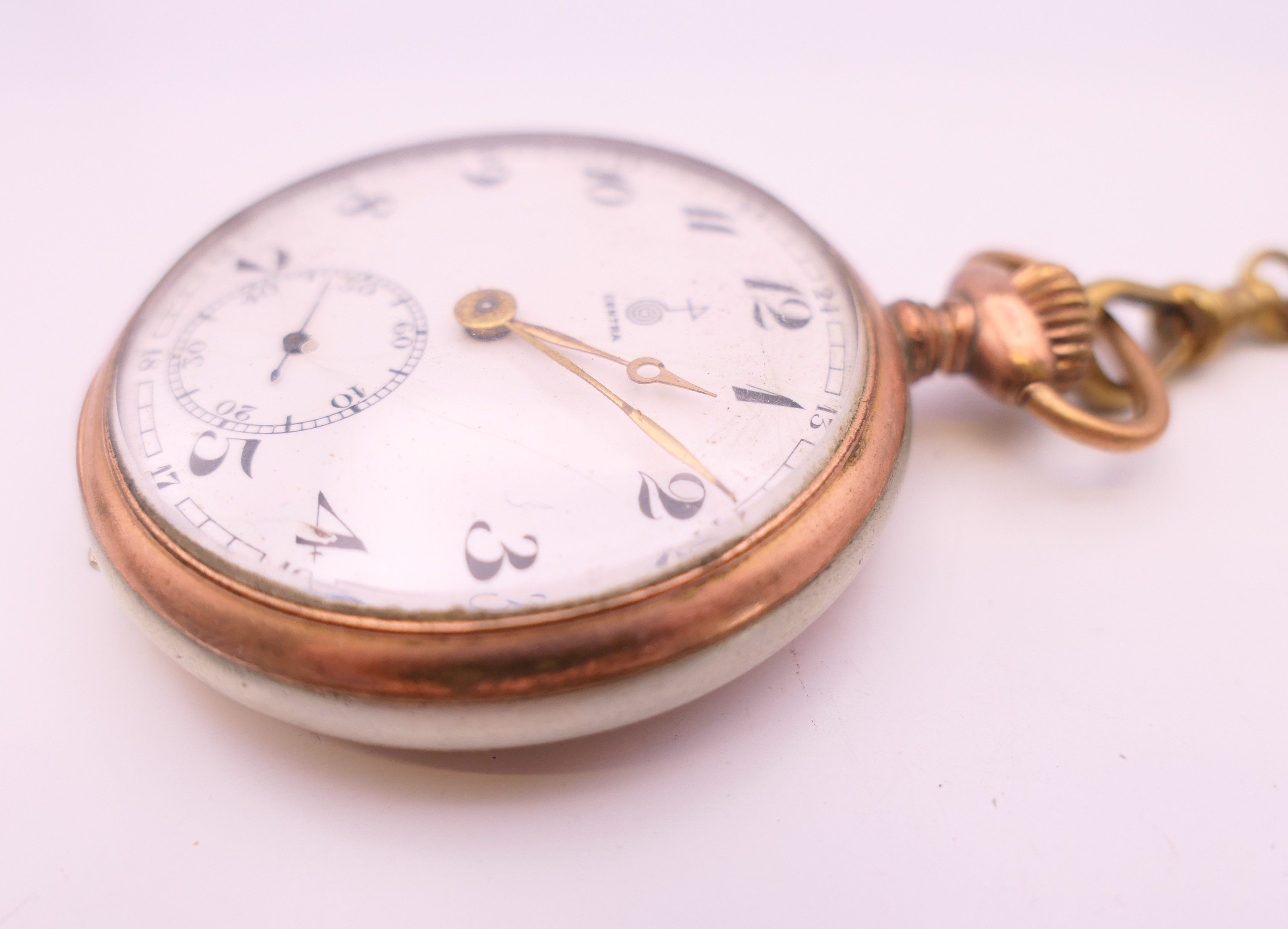 A Centra boxed pocket watch on a brass watch chain. 4.5 cm diameter. - Image 9 of 10