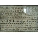 A maple framed needlework sampler, worked by Sarah Horrocks Cocks and dated 1838. 30.5 x 24.