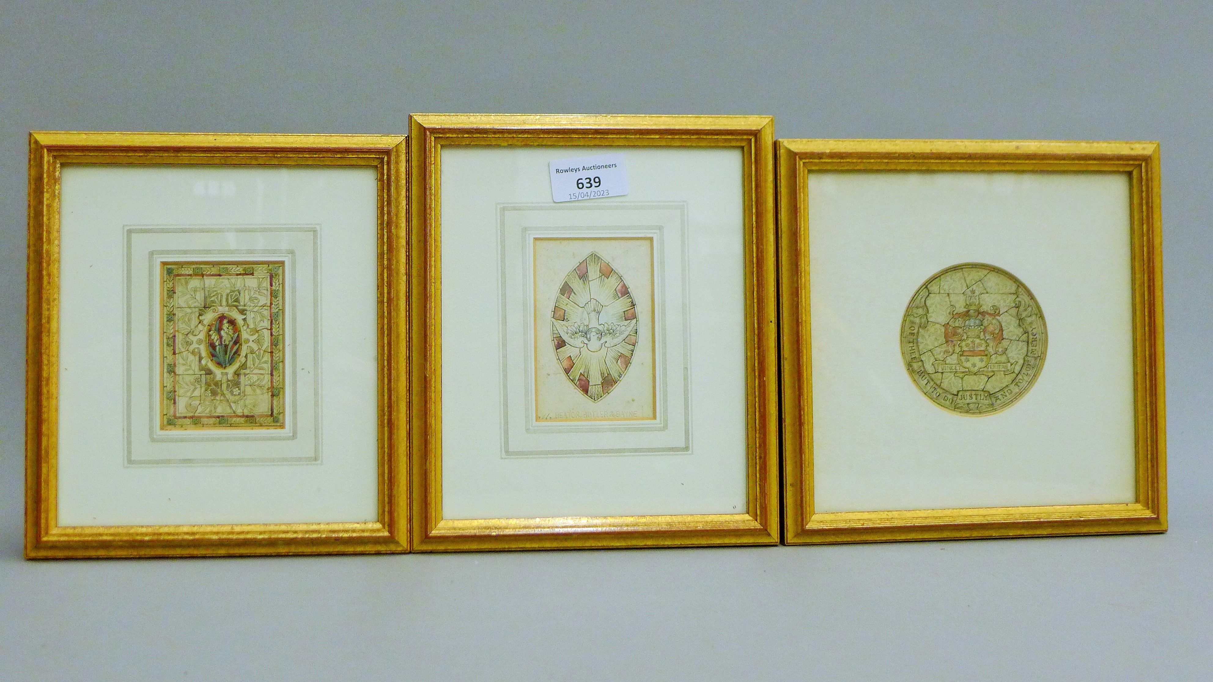 Three miniature stained glass watercolour designs by Clement Heaton of Heaton Butler and Bayne,