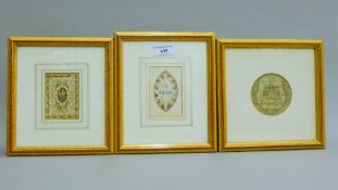 Three miniature stained glass watercolour designs by Clement Heaton of Heaton Butler and Bayne,