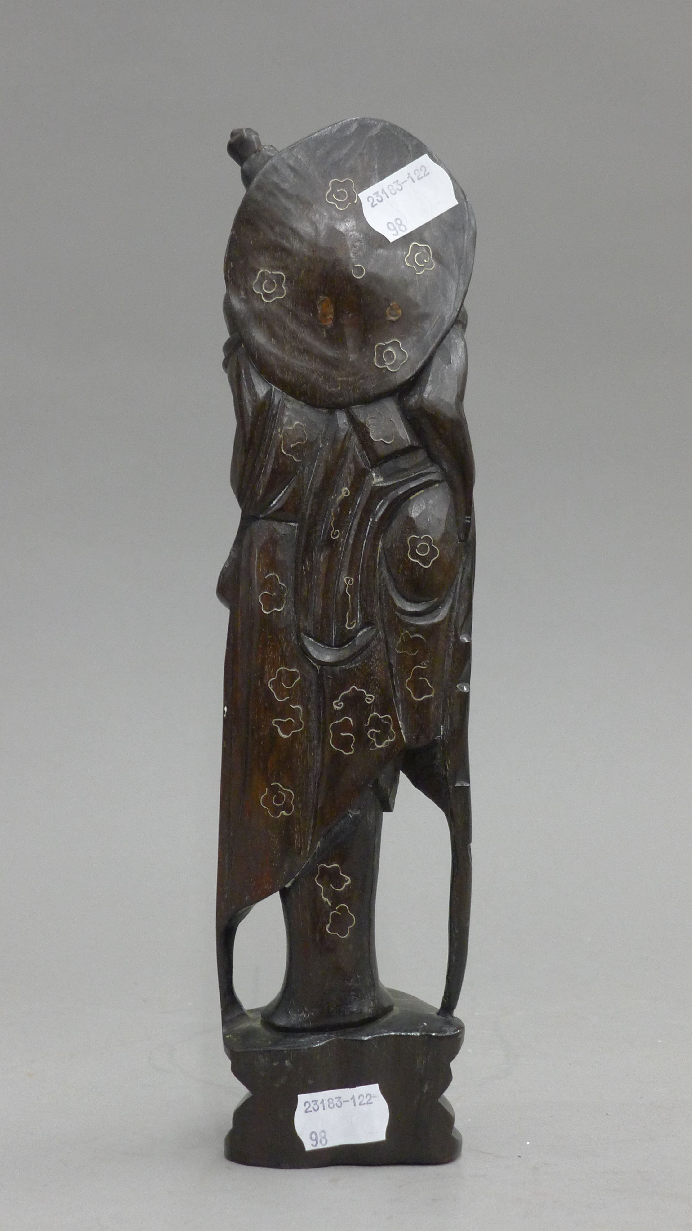 An Oriental silver inlay wooden figure. 29 cm high. - Image 3 of 4