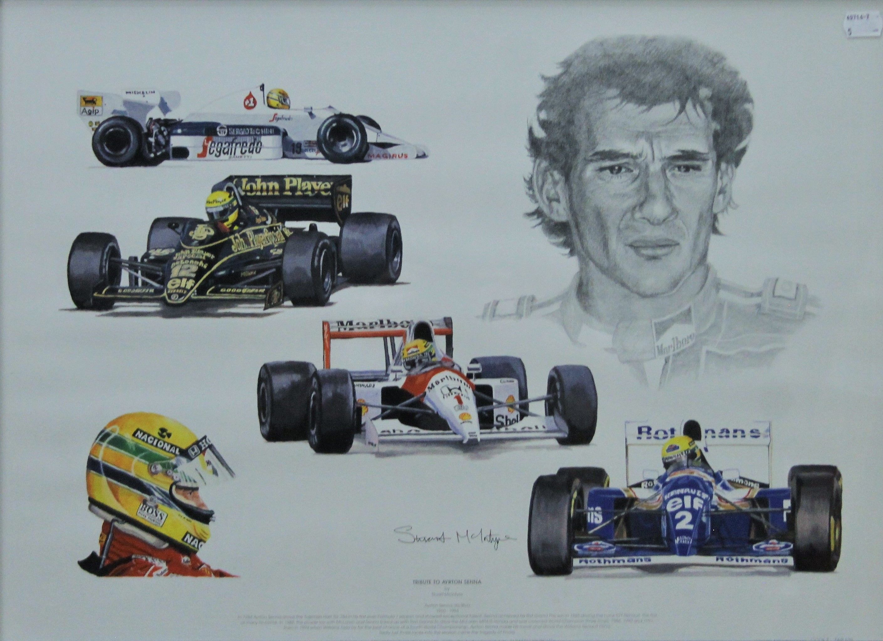 An Ayrton Senna print and a F1 print, each framed and glazed. The latter 71 x 59.5 cm overall. - Image 3 of 4