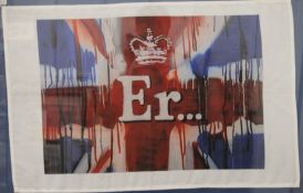 BANKSY (born 1974) British (AR), Er....., Queen's Jubilee Tea Towel, framed and glazed.