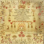 An 1823 needlework sampler, worked by Caroline College, framed and glazed. 41.5 x 42 cm overall.