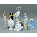 A box of various porcelain, including Royal Doulton figures, a Nao figurine, etc.