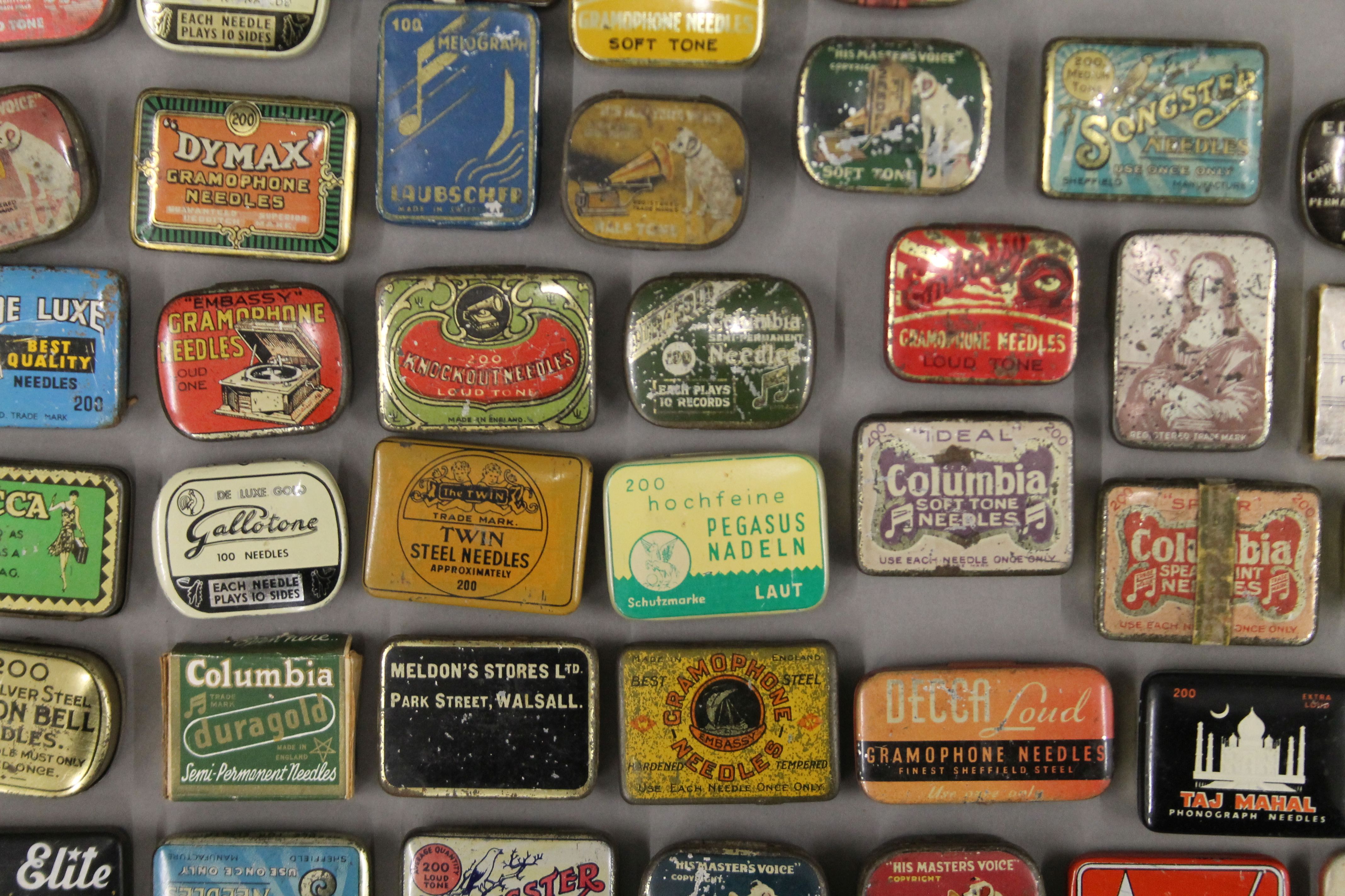 A large collection of approximately 160 antique gramophone needle tins, plus other related items. - Image 2 of 6