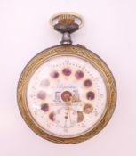 A French pocket watch, the enamel dial decorated a train. 7 cm diameter.