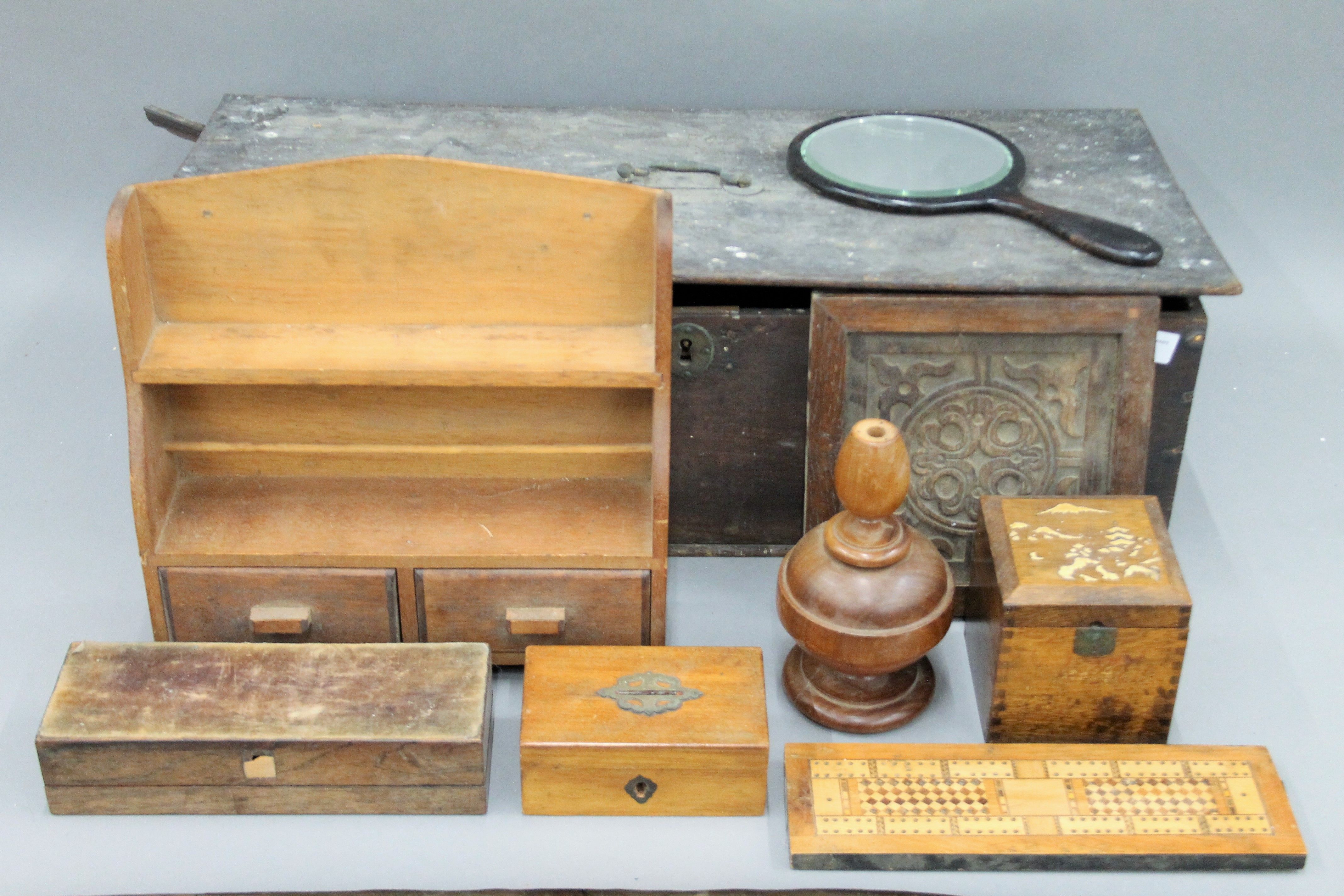 A Georgian oak box, with smaller boxes and treen. The former 66 cm wide.