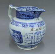 A 19th century blue and white porcelain jug, inscribed Mr & Mrs Conel dated 1825. 23 cm high.