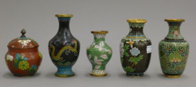 Five cloisonne vases. The largest 14 cm high.