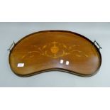 An Edwardian inlaid mahogany kidney shaped tray. 61.5 cm long.