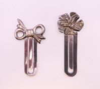 Two silver plated bookmarks. Largest 6 cm high.
