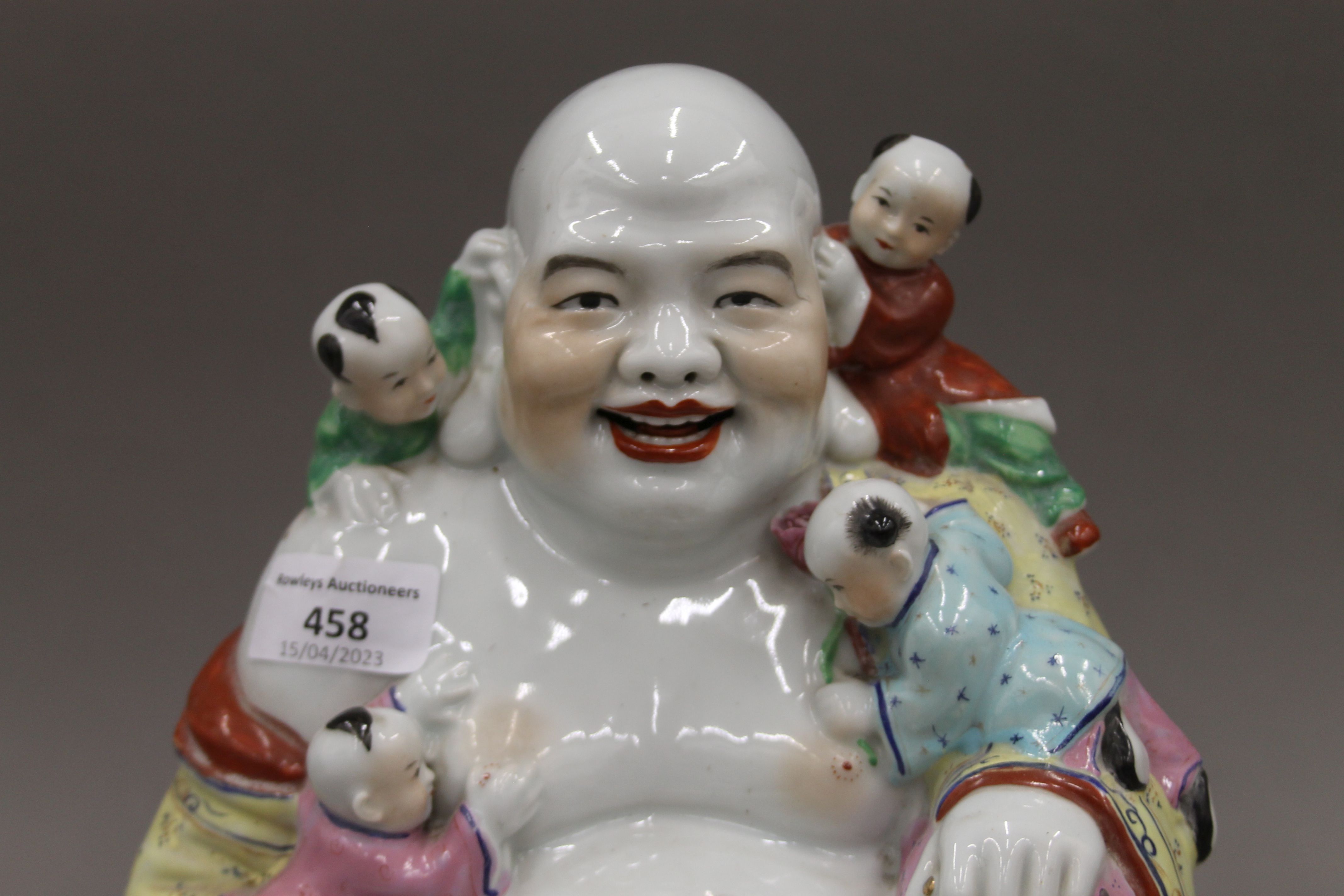 Two Chinese porcelain models of Buddha. The largest 24 cm high. - Image 3 of 9