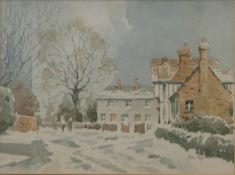COLIN SQUIRE, Snowy Street Scene, watercolour, signed and dated '85, framed and glazed. 19 x 14 cm.