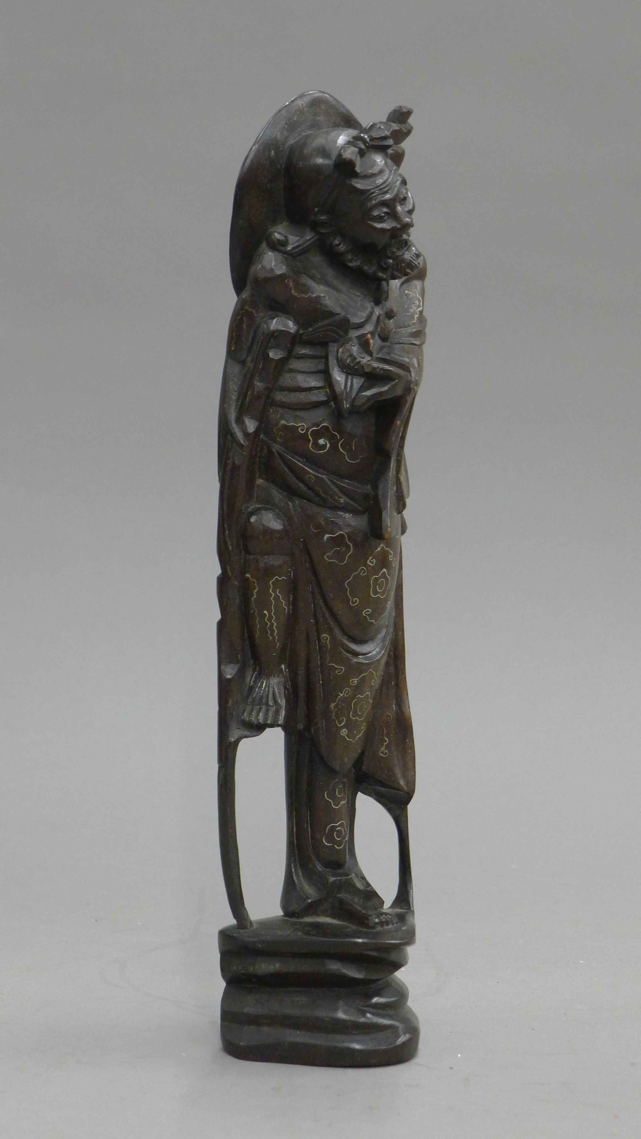 An Oriental silver inlay wooden figure. 29 cm high. - Image 2 of 4