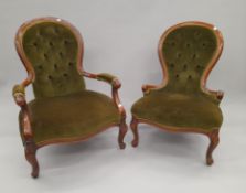 A pair of Victorian his and hers button upholstered spoon back salon chairs. The largest 64 cm wide.