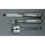 A silver knife, fork and spoon in a case.