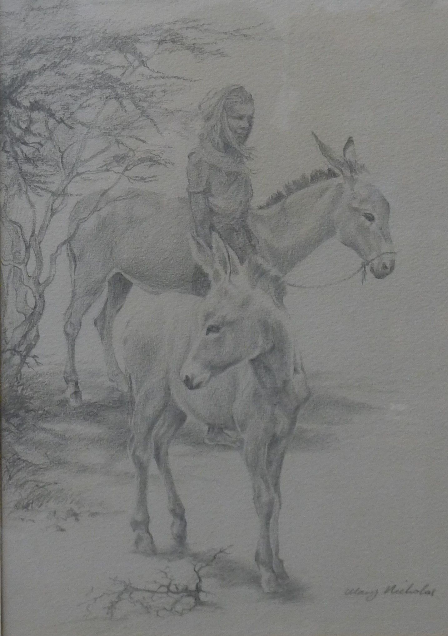 MARY NICHOLAS, Woman with Donkeys, pencil, framed and glazed. 30 x 42 cm.