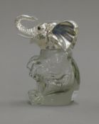 A silver plate mounted glass jar formed as an elephant. 14 cm high.