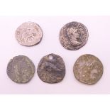 Five silver denarius, one with an elephant on the reverse. Largest approximately 1.75 cm diameter.