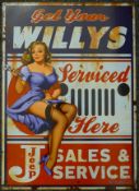 A Get Your Willys Serviced Here tin sign. 50 x 70 cm.