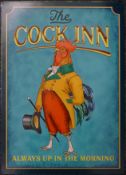 A tin sign, The Cock Inn Always Up in the Morning. 50 x 70 cm.