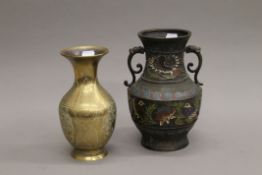 A cloisonne decorated vase and a brass vase. The former 24 cm high.