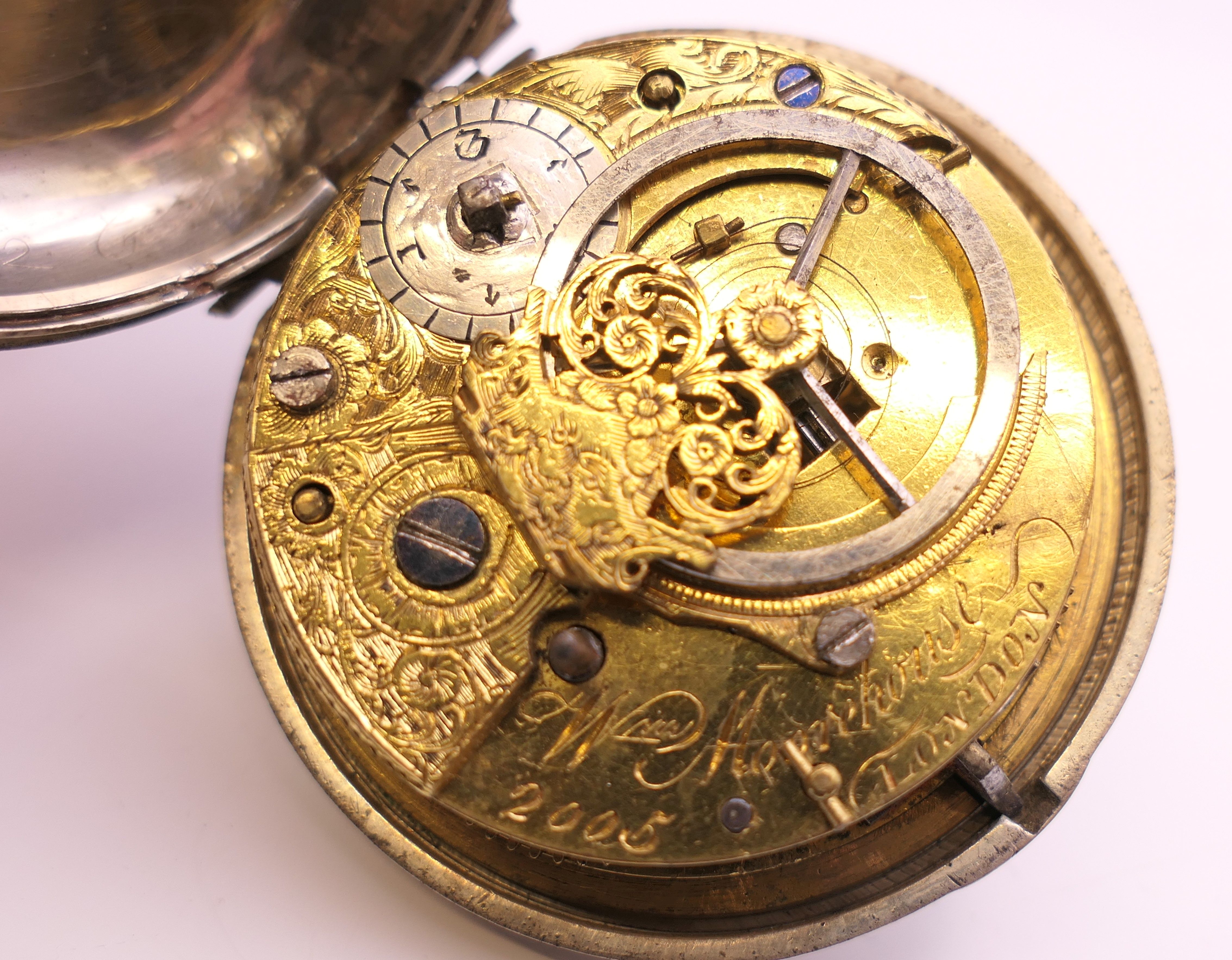 A Georgian silver pair case pocket watch, Wm Moorehouse, London, hallmarked 1800. 5.5 cm diameter. - Image 9 of 13