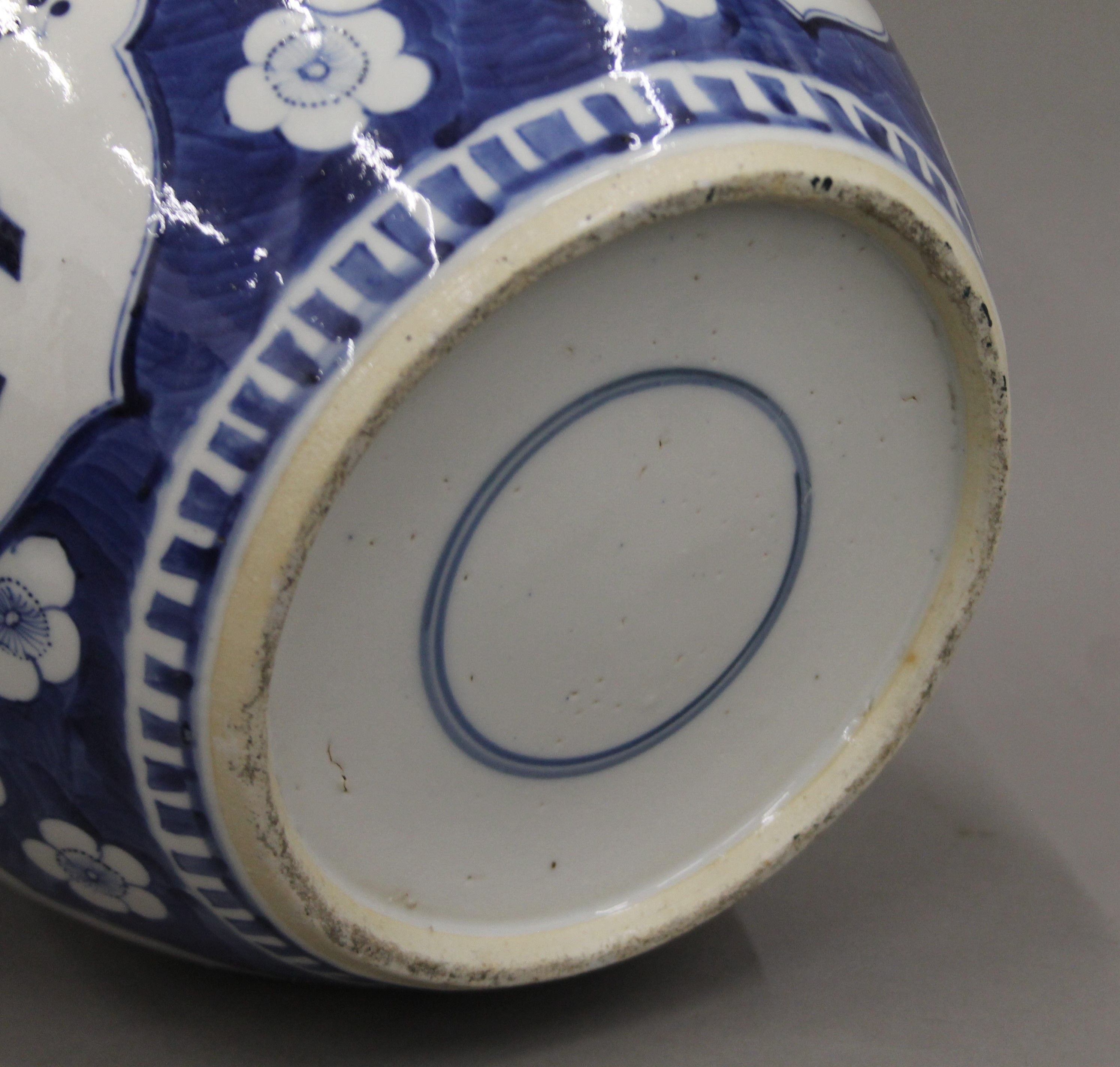 A large 19th century Chinese porcelain ovoid blue and white ginger jar painted with panels of - Image 7 of 7