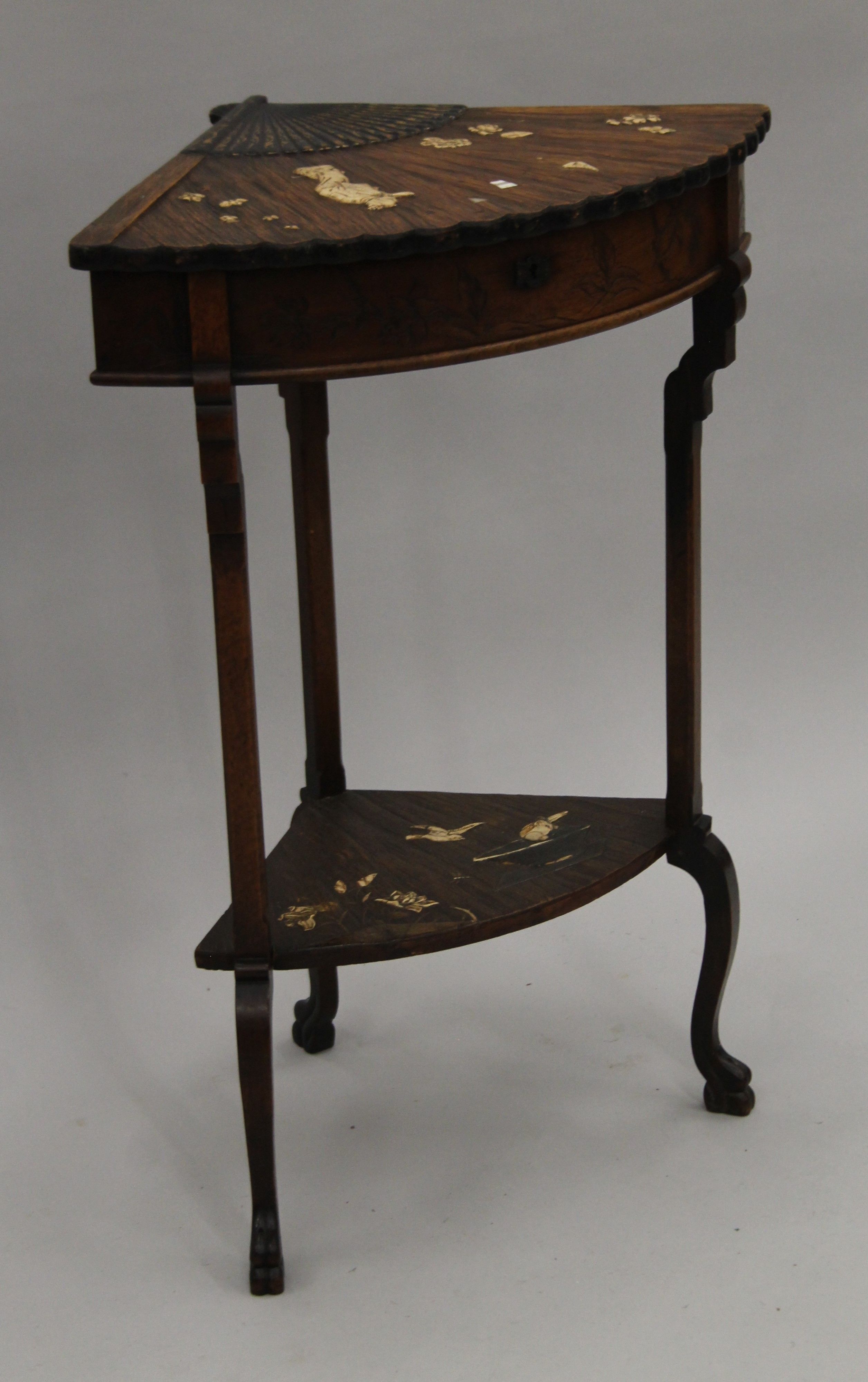 A aesthetic period walnut side table decorated in the Japanese manner, with lift up fan shaped lid. - Image 2 of 7