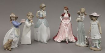 A quantity of Lladro, Nao and Coalport figurines. The largest 23 cm high.