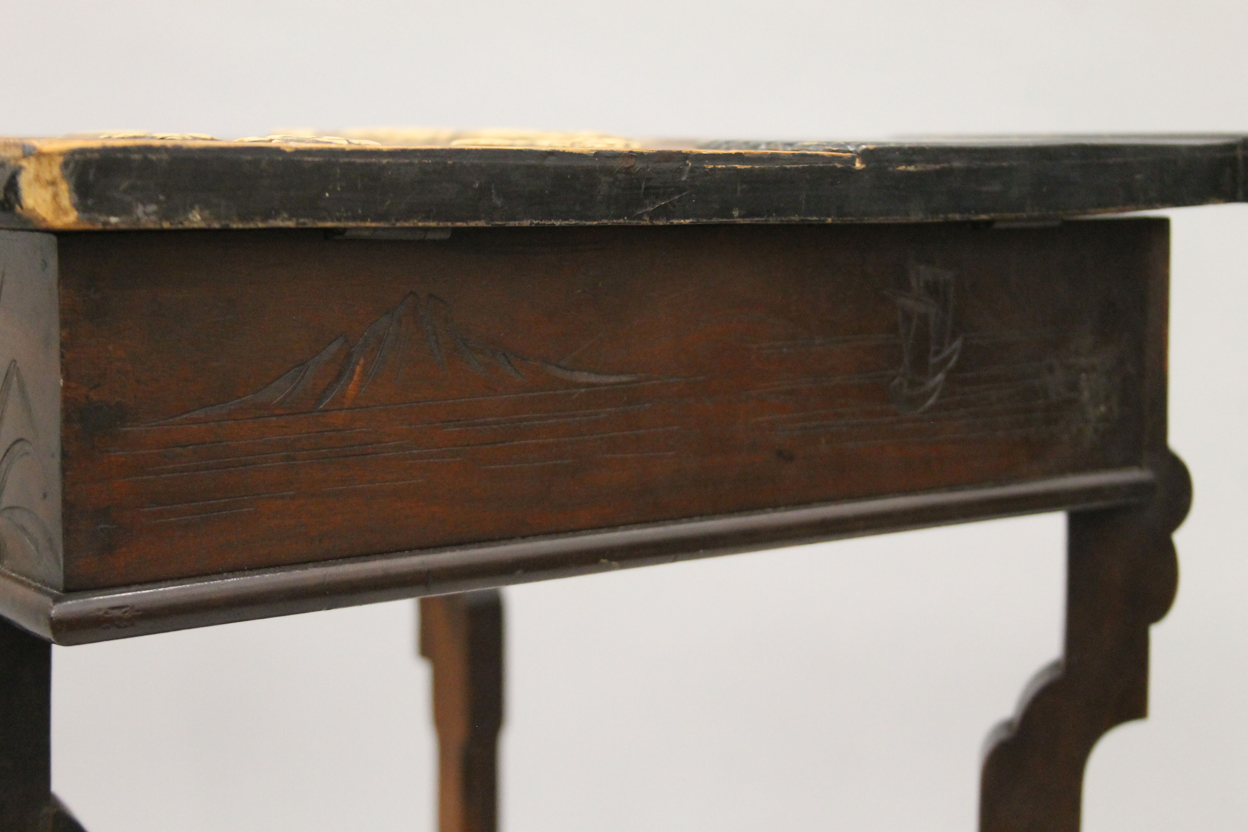 A aesthetic period walnut side table decorated in the Japanese manner, with lift up fan shaped lid. - Image 6 of 7