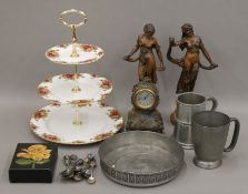 A quantity of various items, including a pair of spelter figures,