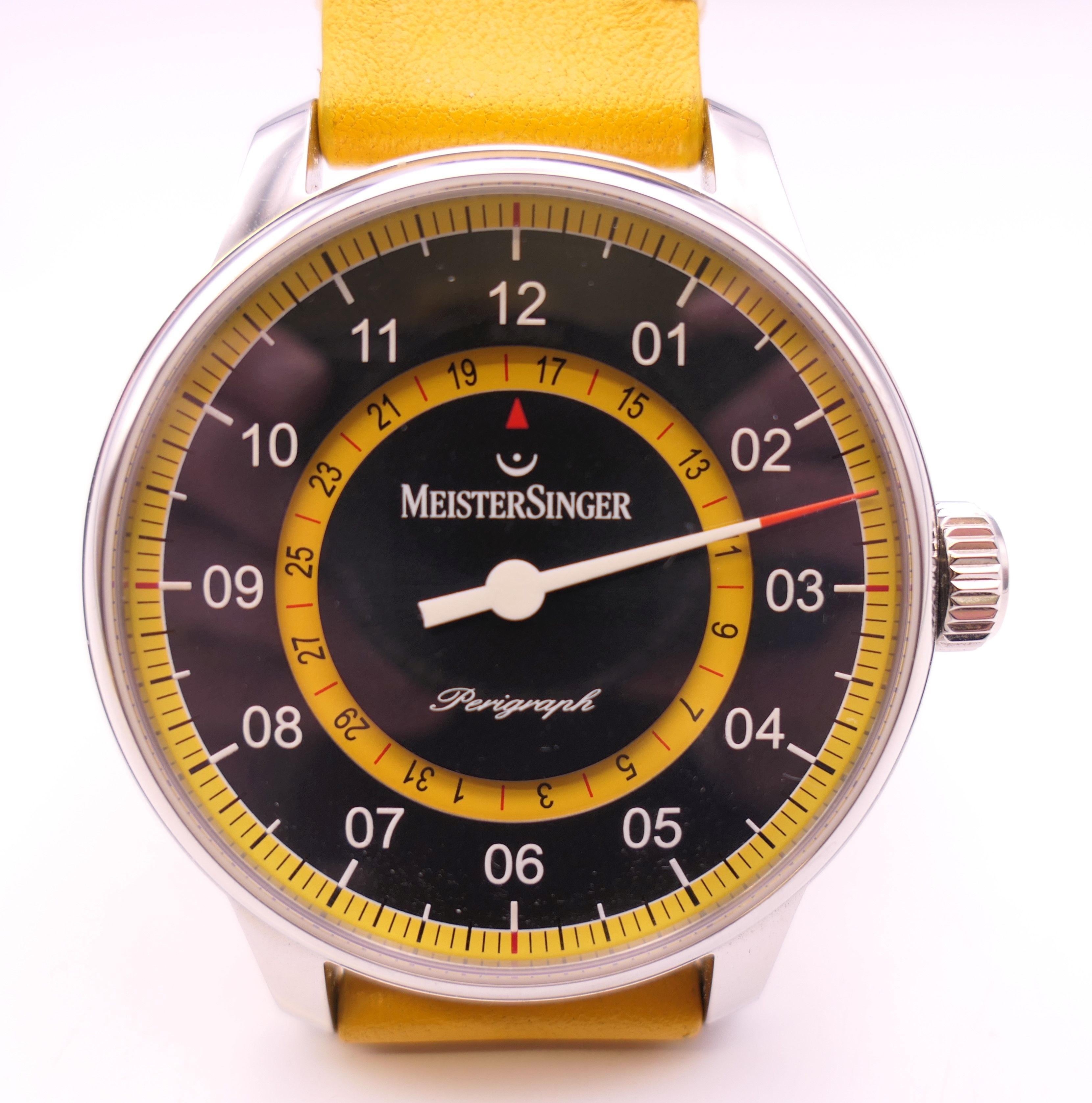 A boxed limited edition Meistersinger Perigraph gentleman's wristwatch. 4.5 cm wide.
