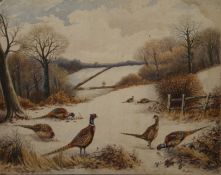 ARCHER, Pheasants in a Snowy Landscape, watercolour on board, signed, unframed. 29.5 x 23.5 cm.