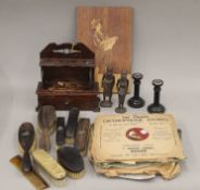 A quantity of miscellaneous items, including an oak pipe stand, an inlaid picture of a peasant boy,