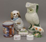 A small quantity of miscellaneous porcelain, including an owl form jug. 27 cm high.