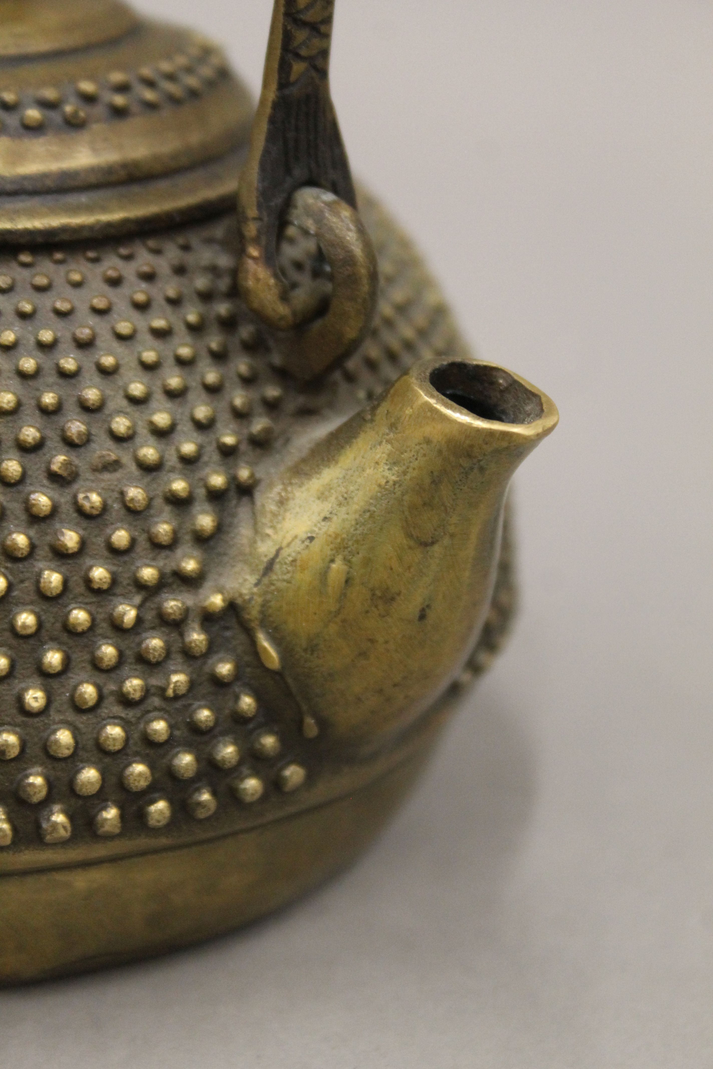 A Chinese bronze teapot with four character seal mark to base and a bronze incense burner. - Image 10 of 10