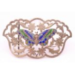 An Art Nouveau silver and enamel belt buckle with butterfly motif. 9 x 5 cm.